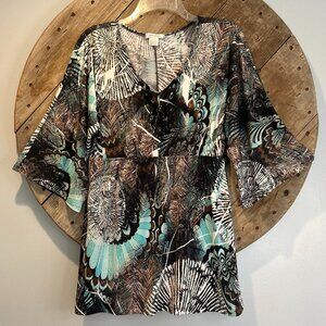 Dressbarn Peacock Turquoise/Black/White Tunic Top with black necklace -Size M